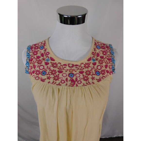 World Market S/M Yellow Embroidered Boho Mirror Cutout Top - Picture 2 of 12